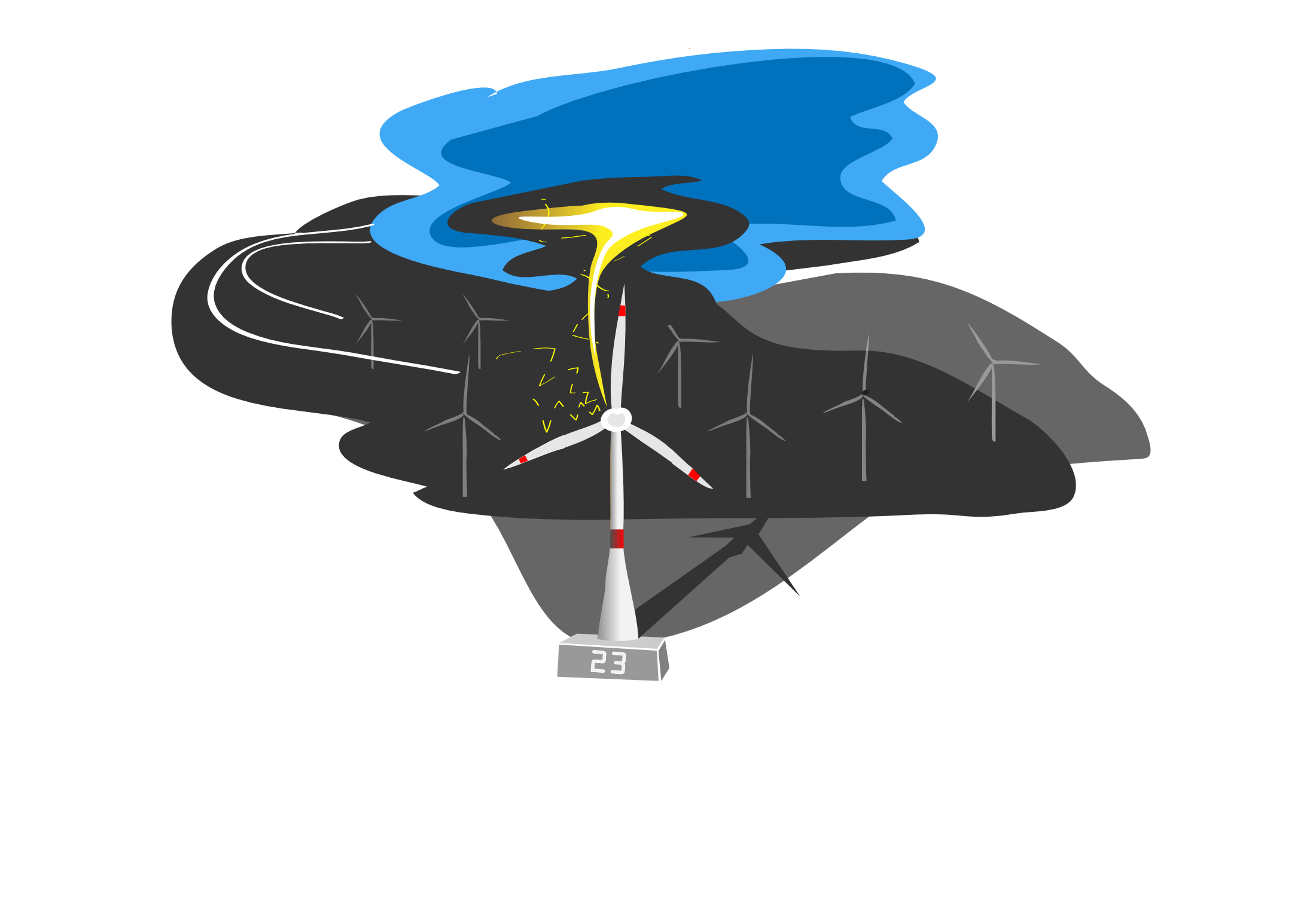 Comic-Zeichnung eines Windparks. Im Vordergrund steht eine Windkraftanlage, in die ein Blitz einschlägt.